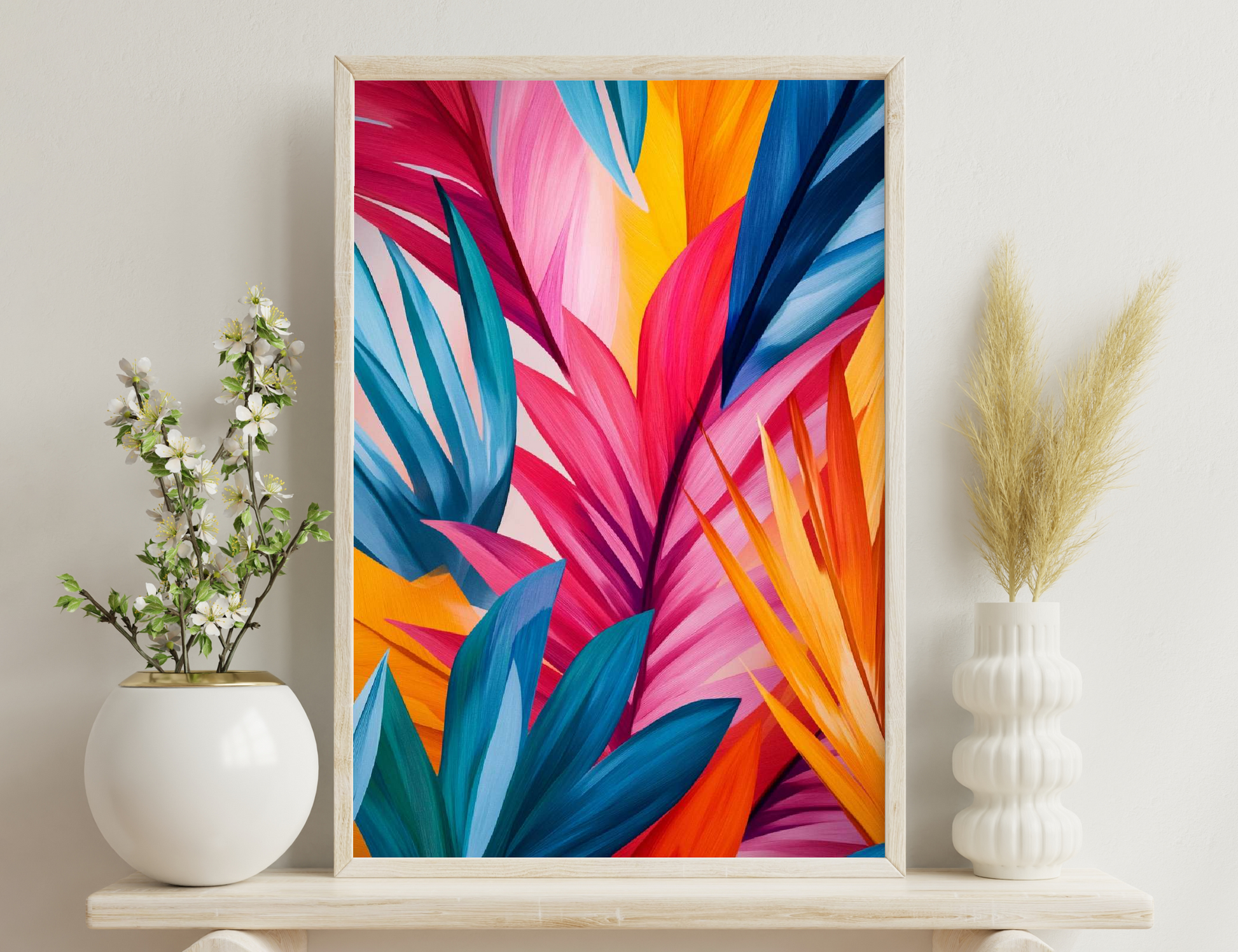 A vibrant abstract painting featuring bold brushstrokes of various colors, including red, pink, orange, yellow, teal, and navy blue, creating a dynamic, floral-like pattern with an illusion of depth and movement.
