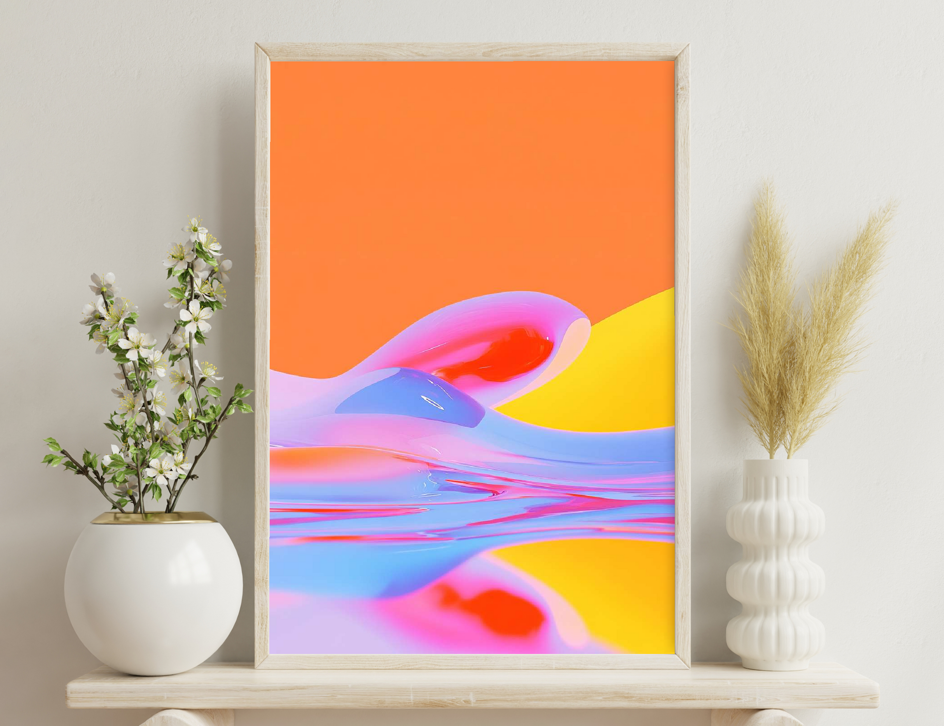 A bright abstract image depicting vibrant swirls of pink, orange, yellow, and blue, resembling liquid fluid dynamics against an orange background, creating a visually striking and dynamic composition.
