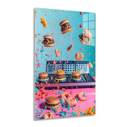 Hamburgers and pretzels levitating with colorful sprinkles around a DJ mixer on a vibrant blue and pink background.
