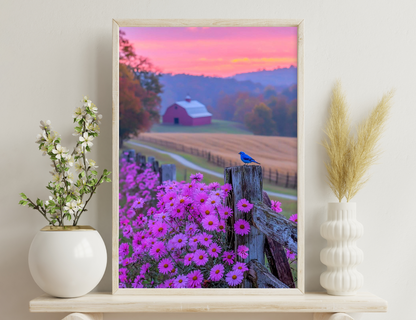 A vibrant blue bird perches on an old wooden fence post surrounded by purple wildflowers against the backdrop of a red barn, rolling hills, and a colorful sunset sky.
