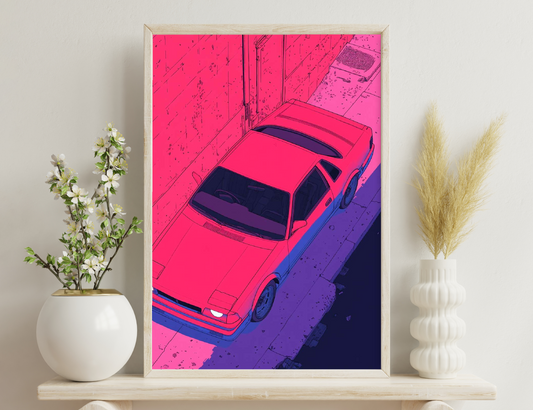 A vibrant comic book-style illustration of a classic red and blue sports car parked on a dimly lit, grungy urban street with scattered debris and a distressed visual effect.
