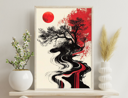 A striking image depicting a surreal landscape with silhouetted trees against a large red sun and abstract black and red swirling patterns resembling a river or lava flow.
