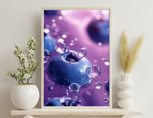 Macro shot of a blue liquid drop with purple transparent sphere bubbles and bokeh lights, creating an abstract and dreamy composition.
