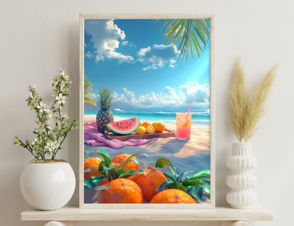 Tropical beach scene with pineapple, watermelon slice, oranges, and a pink drink on a tray, surrounded by palm trees and ocean view with birds flying in the cloudy blue sky.
