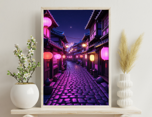 An atmospheric night view of a traditional Japanese street lined with wooden buildings and lanterns, bathed in a warm purple glow under a starry sky.
