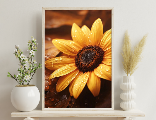 A close-up of a vibrant yellow sunflower glistening with water droplets, its dark brown center contrasting beautifully against the orange petals, set against a soft, warm background.
