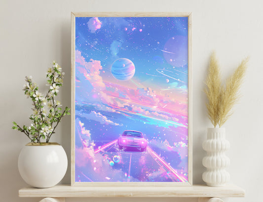 A surreal cosmic landscape with a vintage car driving on a road towards a large blue planet amidst colorful cloudy swirls, shooting stars, and celestial spheres in a dreamy, imaginative style.
