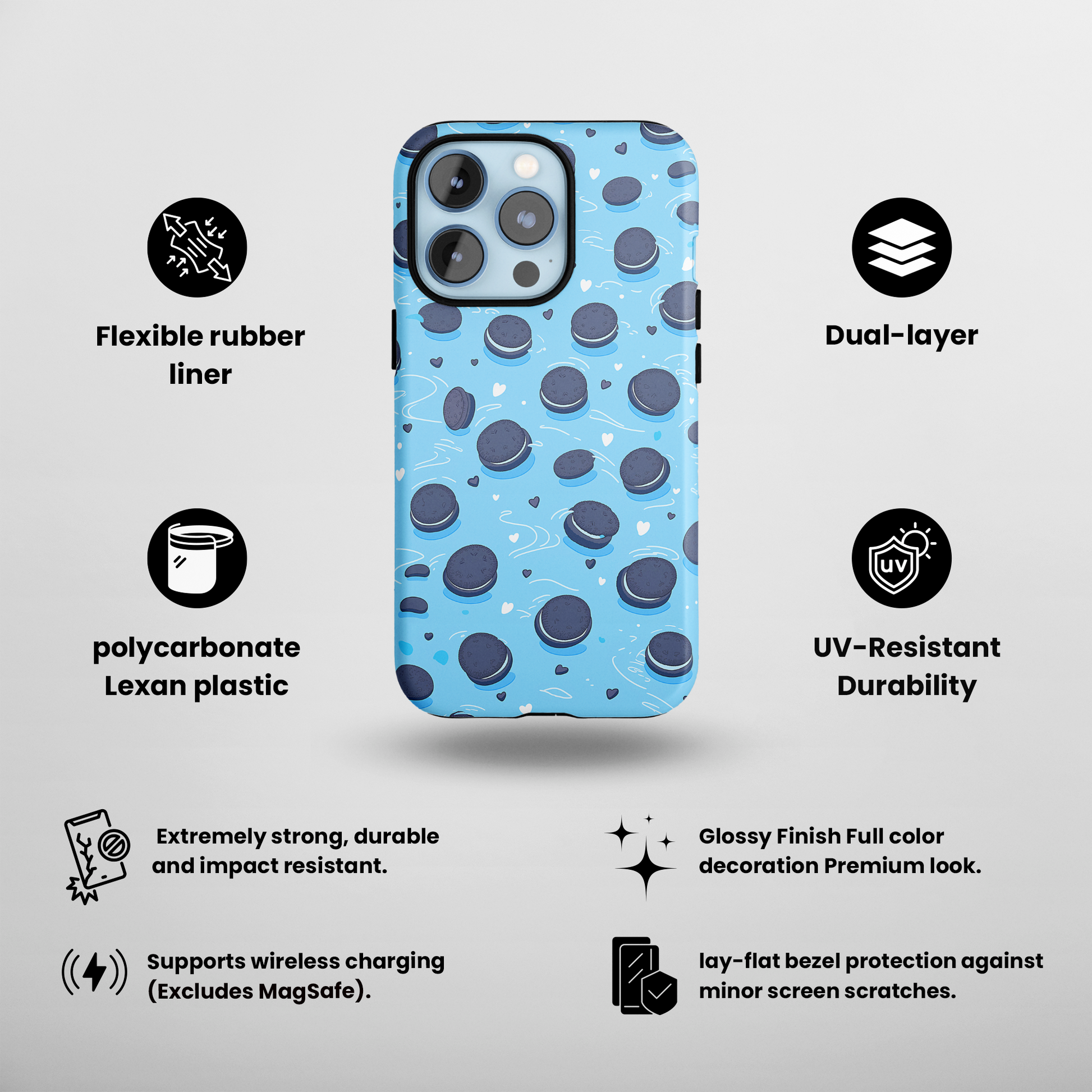 Sweet Whirls (iPhone Case 11-15)Elevate your iPhone's protection and style with RimaGallery's Cookie pattern with heart accents on a blue iphone case, featuring dual-layer defense and a sleek, glosRimaGallery