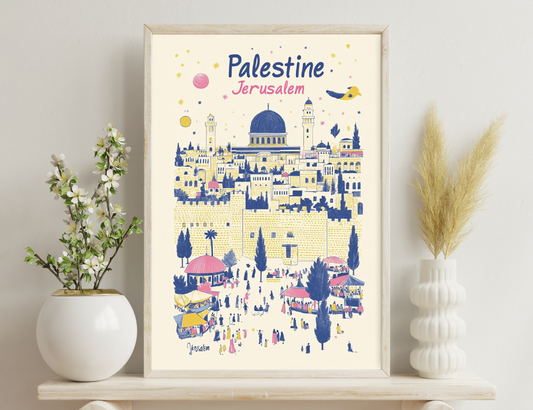 A whimsical illustration depicting the old city of Jerusalem, Palestine, with the Dome of the Rock mosque, markets, palm trees, and crowds of people in traditional dress set against a colorful backdrop.
