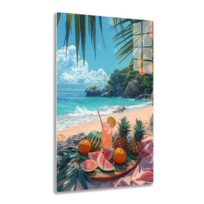 A tropical beach scene with palm trees, a pink drink, pineapples, oranges, watermelon slices, and a watermelon in the foreground against the backdrop of a rocky coastline and clear blue sky.

Human
