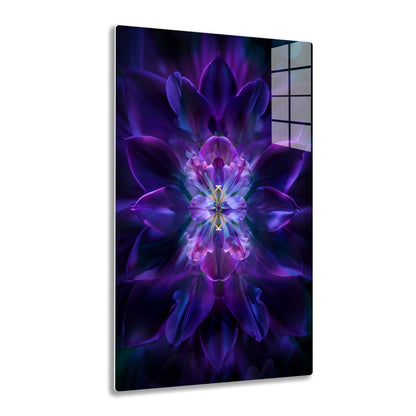 A striking, kaleidoscopic image of a vibrant purple flower blossom, with intricate layered petals creating a mesmerizing symmetrical pattern against a deep blue background.
