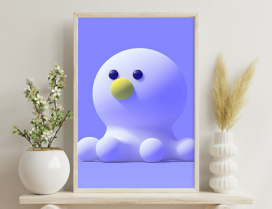 A white ghostly figure with a large round head, blue eyes, and a yellow beak-like nose, floating above fluffy white clouds against a blue background.
