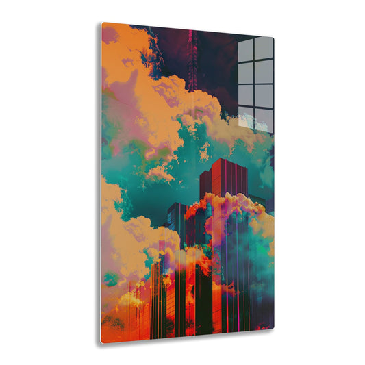 A surreal digital illustration depicting towering skyscrapers surrounded by vibrant, swirling clouds in shades of orange, teal, and purple, creating a dreamlike, psychedelic urban landscape.
