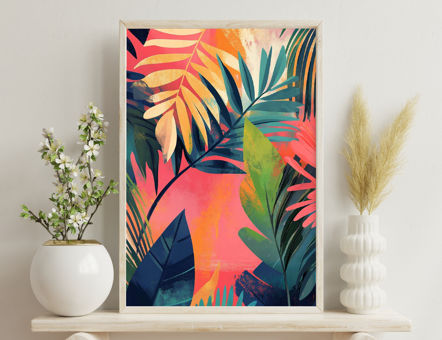 Vibrant abstract tropical leaves and plant motifs in bold colors of coral, orange, teal, and navy create a lively, summertime atmosphere.
