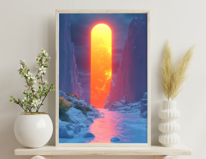 Sun setting between rocky canyon cliffs, creating a dramatic fiery glow reflected in the tranquil water below.
