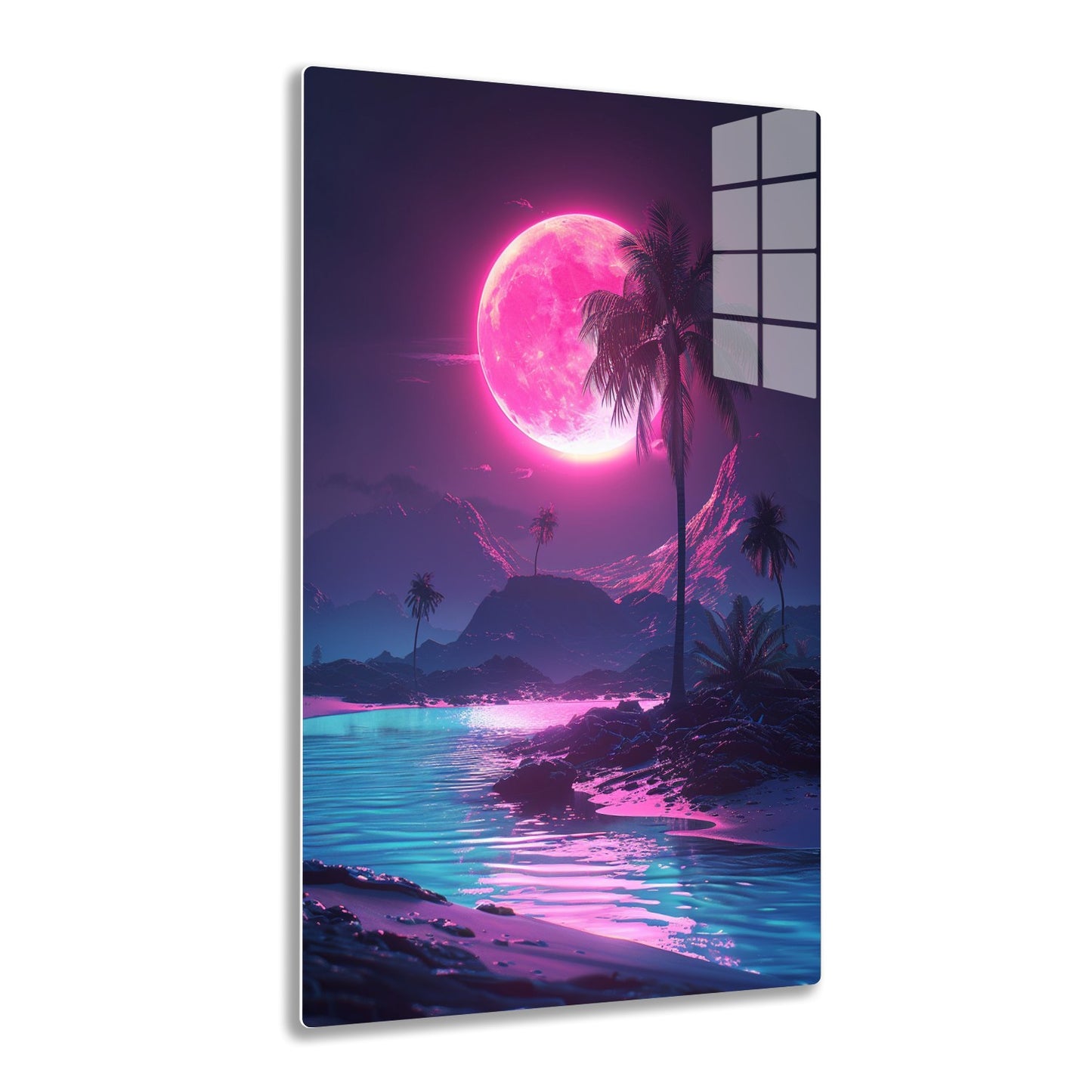 A vibrant pink full moon illuminates a tropical beach scene with silhouetted palm trees against a purple twilight sky, reflecting on the turquoise ocean waters.
