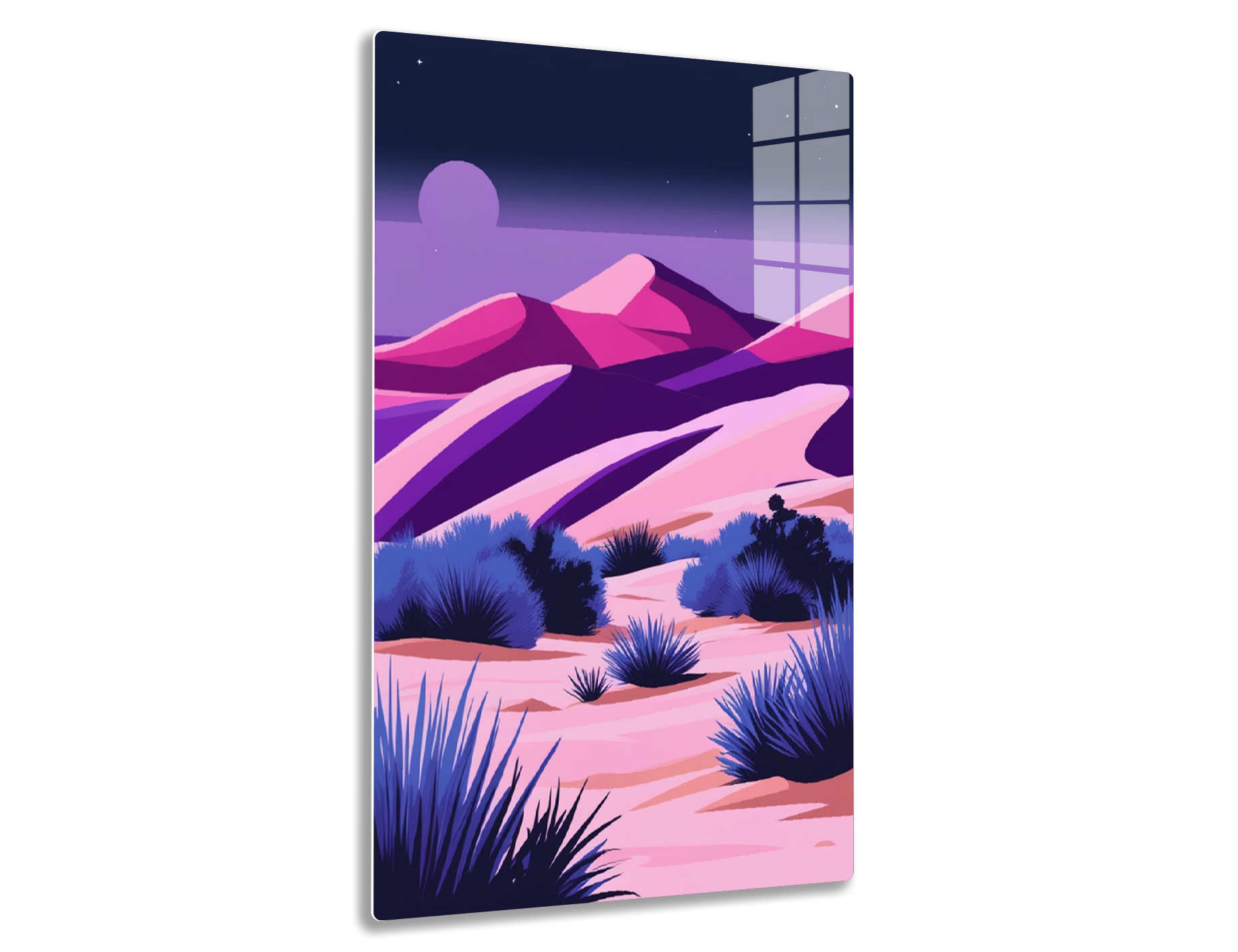 Vibrant desert landscape at night, with purple and pink mountains, blue cactus plants and a large glowing moon in a starry sky.
