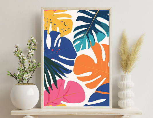 Colorful abstract pattern with stylized yellow, navy, teal, orange and pink leaf shapes on a white background
