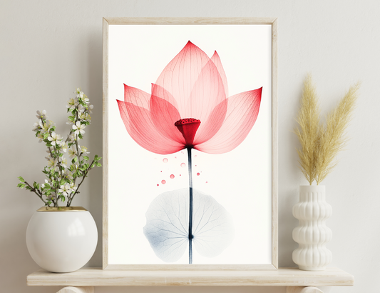 A vibrant red lotus flower with delicate vein patterns on its petals, reflected on a white surface with pink dots, creating an artistic and ethereal composition.
