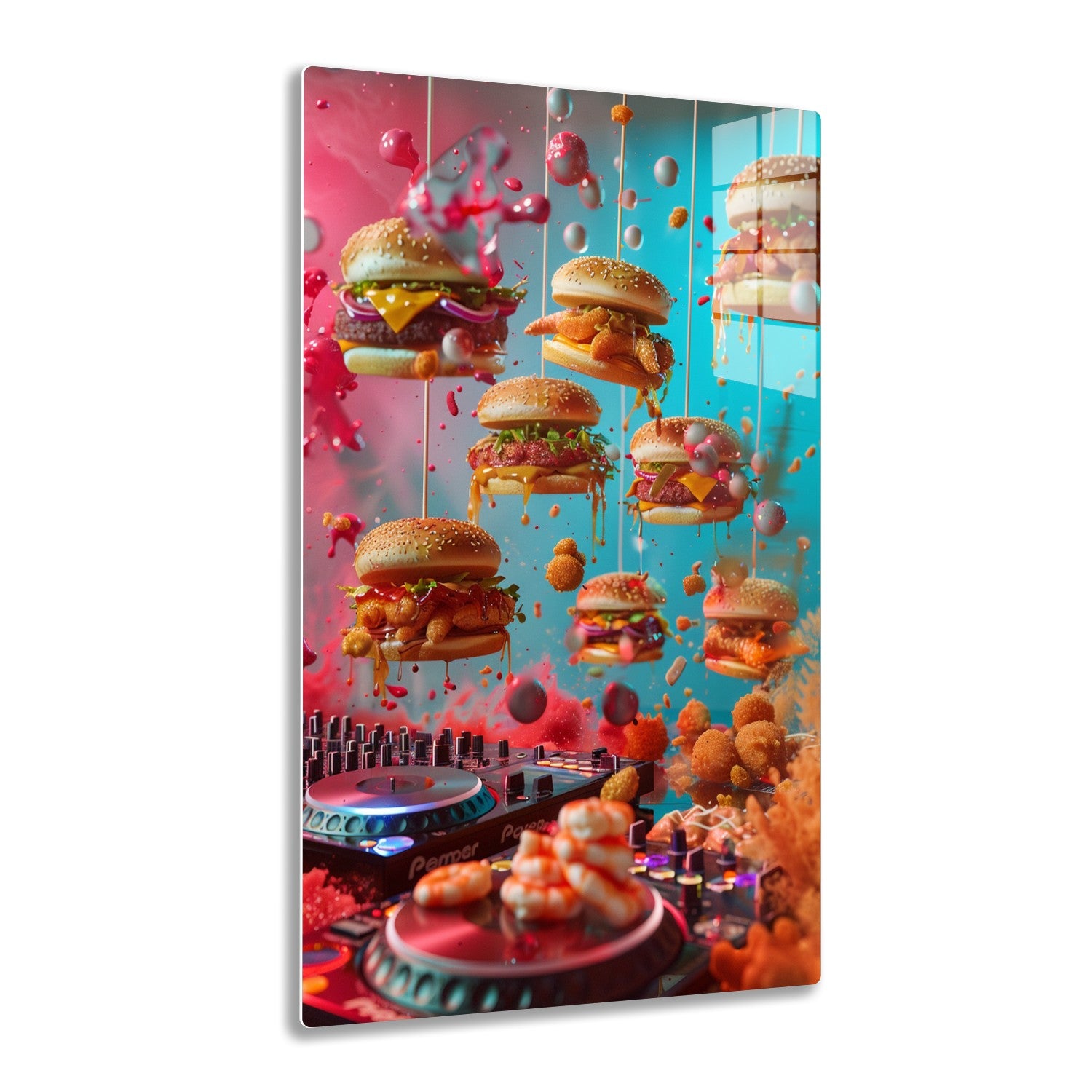 Floating fast food burgers with dripping sauces and toppings in a surreal scene with makeup products and snacks, showcasing an unconventional and imaginative artwork style.
