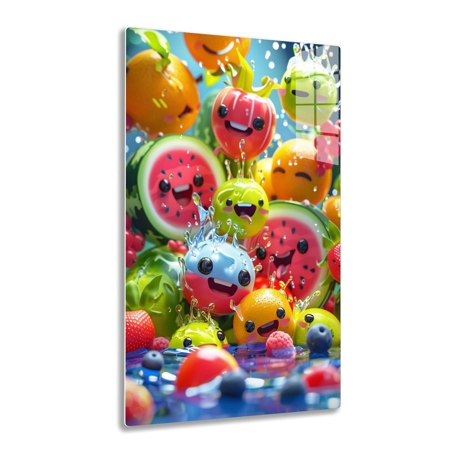 A colorful group of animated fruit characters with smiley faces, splashing and surrounded by water droplets, creating a vibrant and playful scene.
