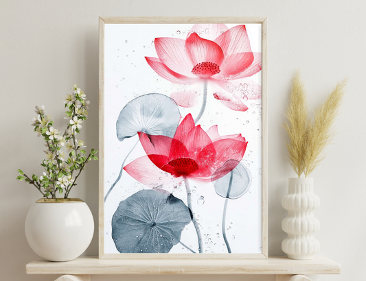 Pink and red lotus flowers with gray lily pads float on water with bubbles, creating a serene and vibrant aquatic scene.
