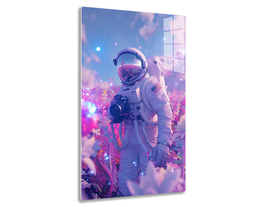 An astronaut in a white spacesuit and helmet is holding a camera, surrounded by a vibrant, cosmic-like environment with pink and purple hues, giving an otherworldly and dreamy atmosphere.
