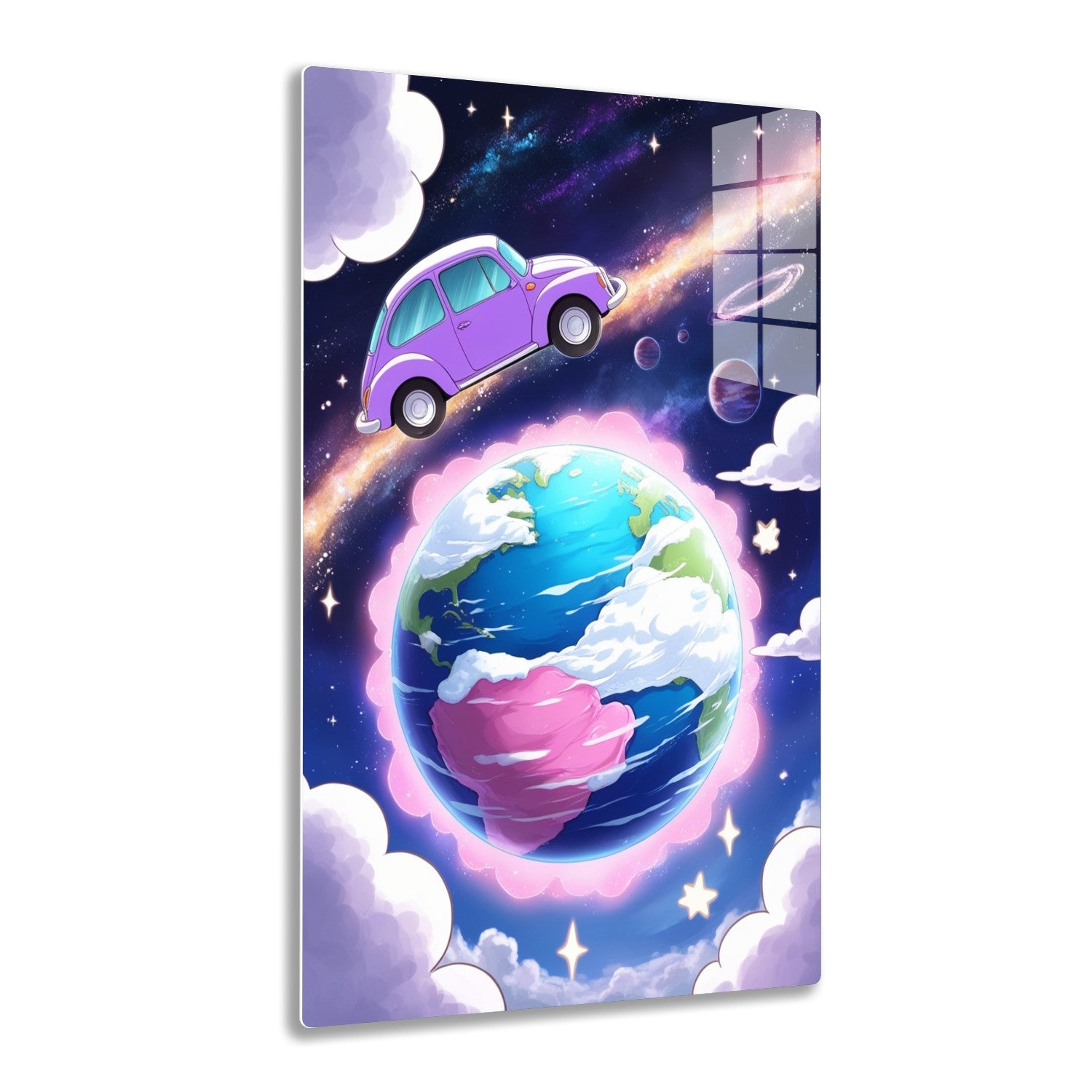 A purple car soars through a cosmic scene filled with galaxies, planets, and a large depiction of the Earth surrounded by clouds and stars, creating a whimsical and surreal atmosphere.
