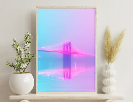 The Brooklyn Bridge glows in vibrant pink and purple hues against a dreamy pastel sky, its iconic silhouette reflected in the shimmering waters below, creating an ethereal, almost surreal atmosphere.
