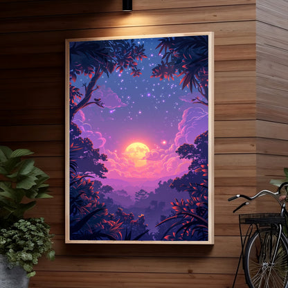 Beautiful night illustration of a vibrant full moon surrounded by pink clouds, framed by silhouetted palm trees against a starry twilight sky with purple hues.
