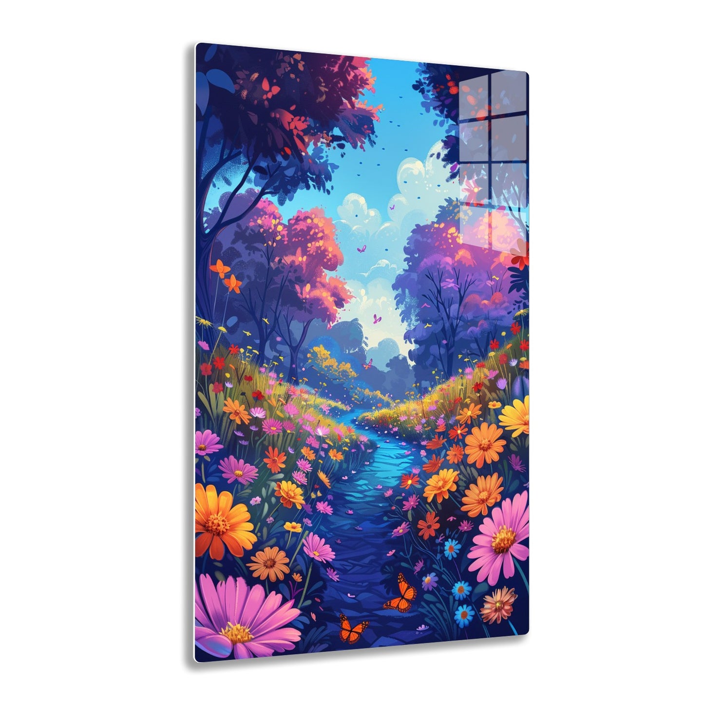 A vibrant, whimsical scene of a flower-filled meadow along a winding stream, with colorful trees, clouds, and butterflies, creating an idyllic and dreamlike atmosphere.
