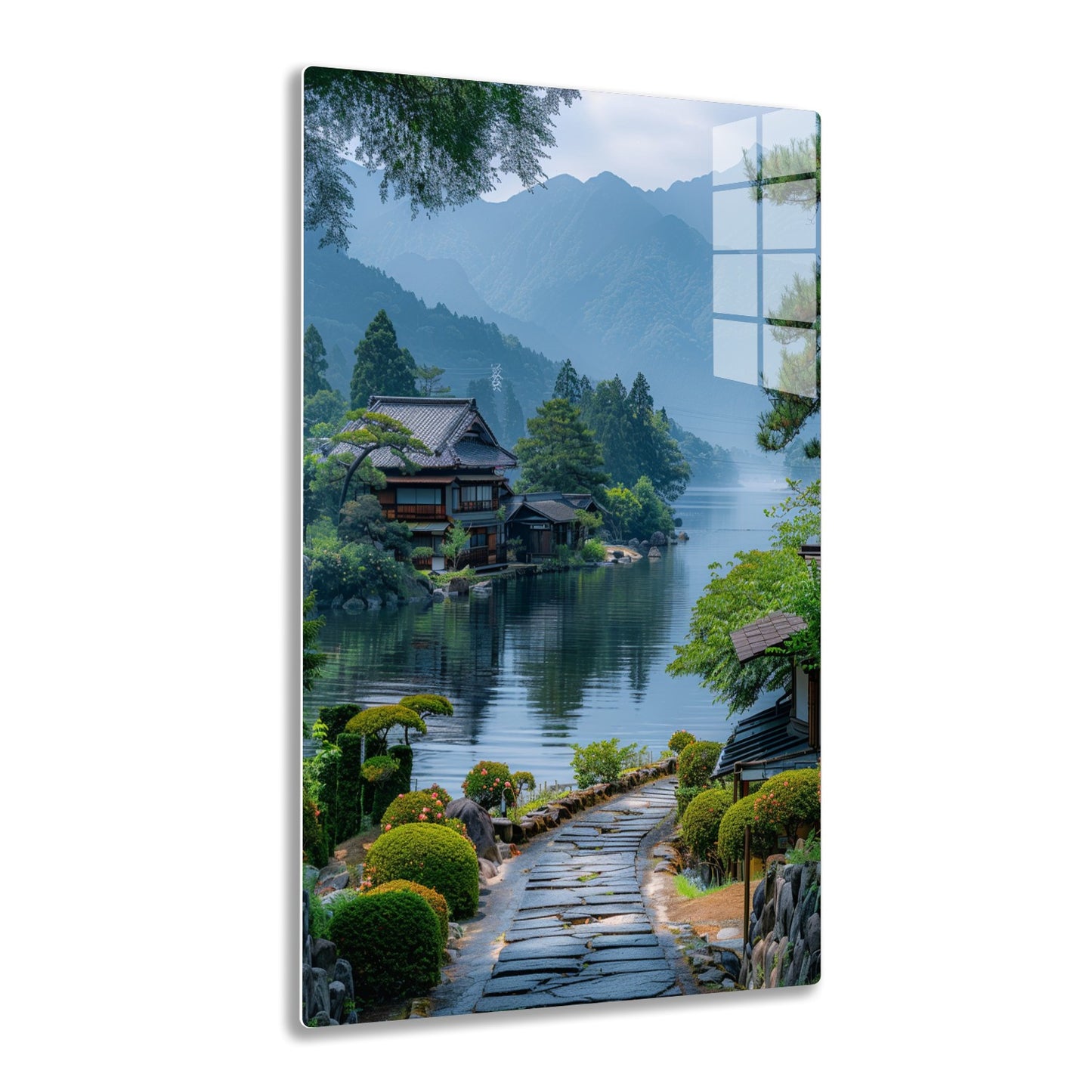 A picturesque Japanese village nestled among mountains, with traditional wooden houses built over a serene lake, surrounded by lush greenery and stone walkways.
