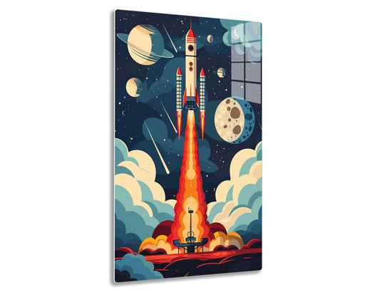 A rocket blasting off into space, with planets, stars, and stylized clouds in the background, creating a whimsical and retro-futuristic scene.
