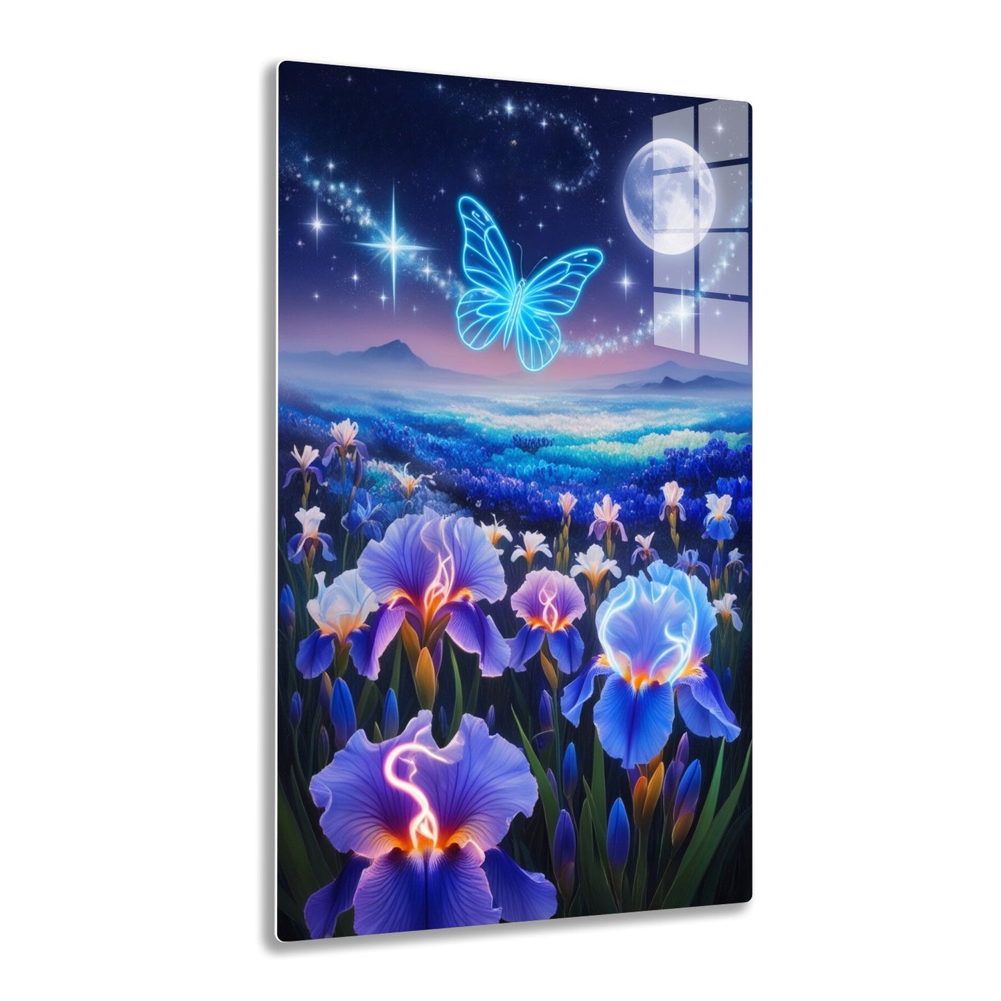 A moonlit fantasy landscape with a glowing blue butterfly in the sky over distant mountains, with a vibrant field of illuminated irises in shades of blue, purple, and white in the foreground.
