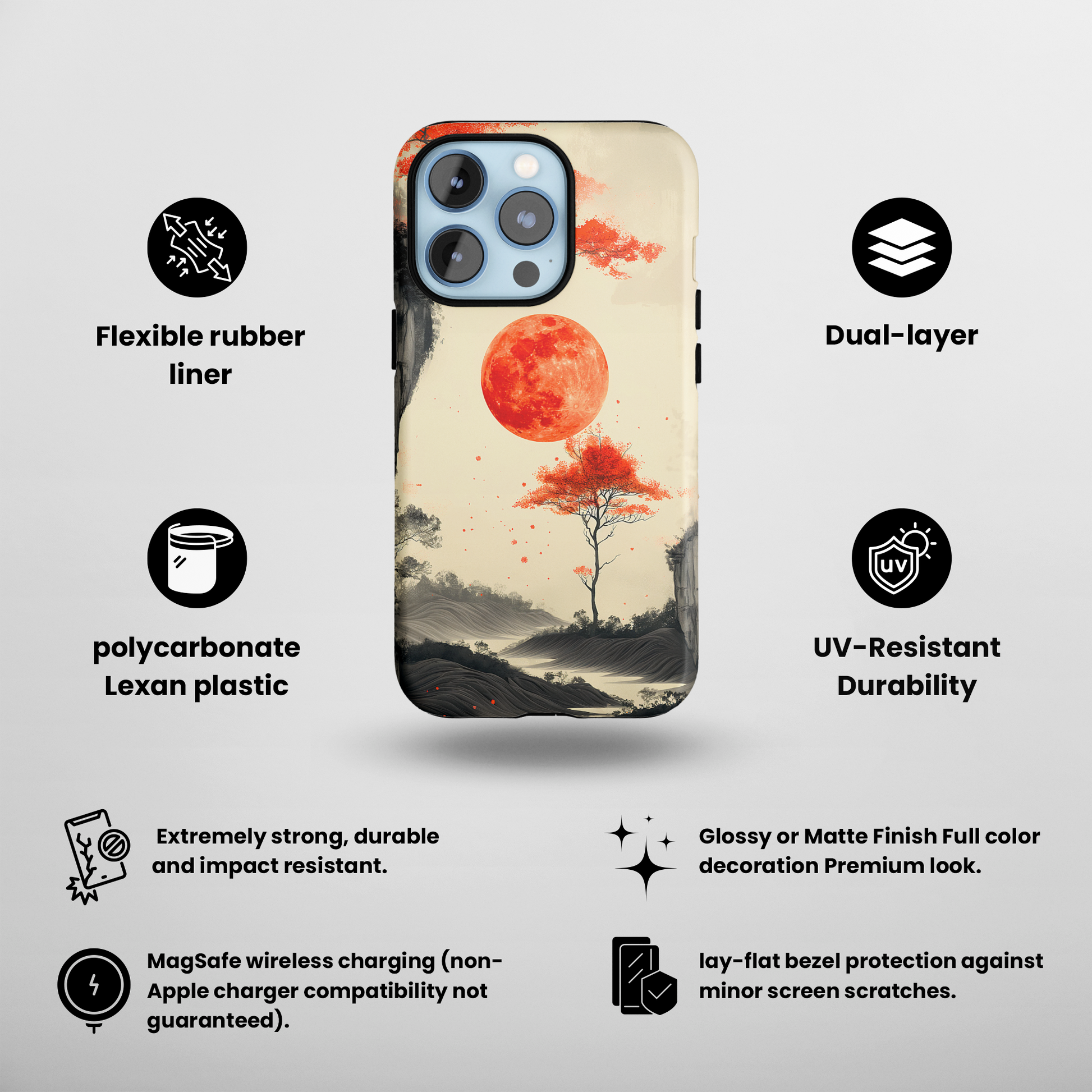 Scarlet Moonrise (iPhone MagSafe Case)Elevate your iPhone's style with Artistic scenery with red trees and large moon MagSafe Case, offering robust protection, MagSafe compatibility, and a choice of mattRimaGallery