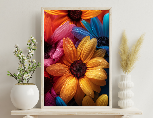 Vibrant close-up of orange and pink daisy-like flowers with water droplets, surrounded by petals in shades of blue, purple, and burgundy, creating a striking colorful floral arrangement.
