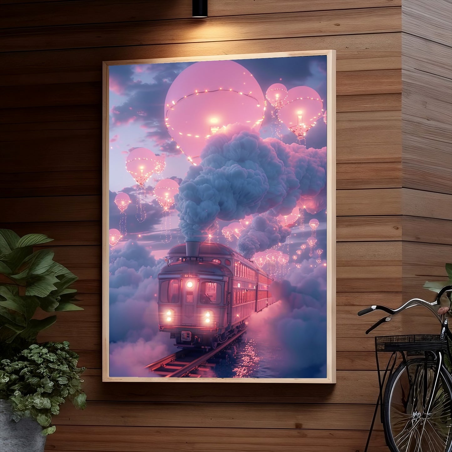 A majestic train emitting clouds of smoke travels through a dreamy landscape filled with floating, illuminated heart-shaped balloons against a vibrant pink and blue cloudy sky.
