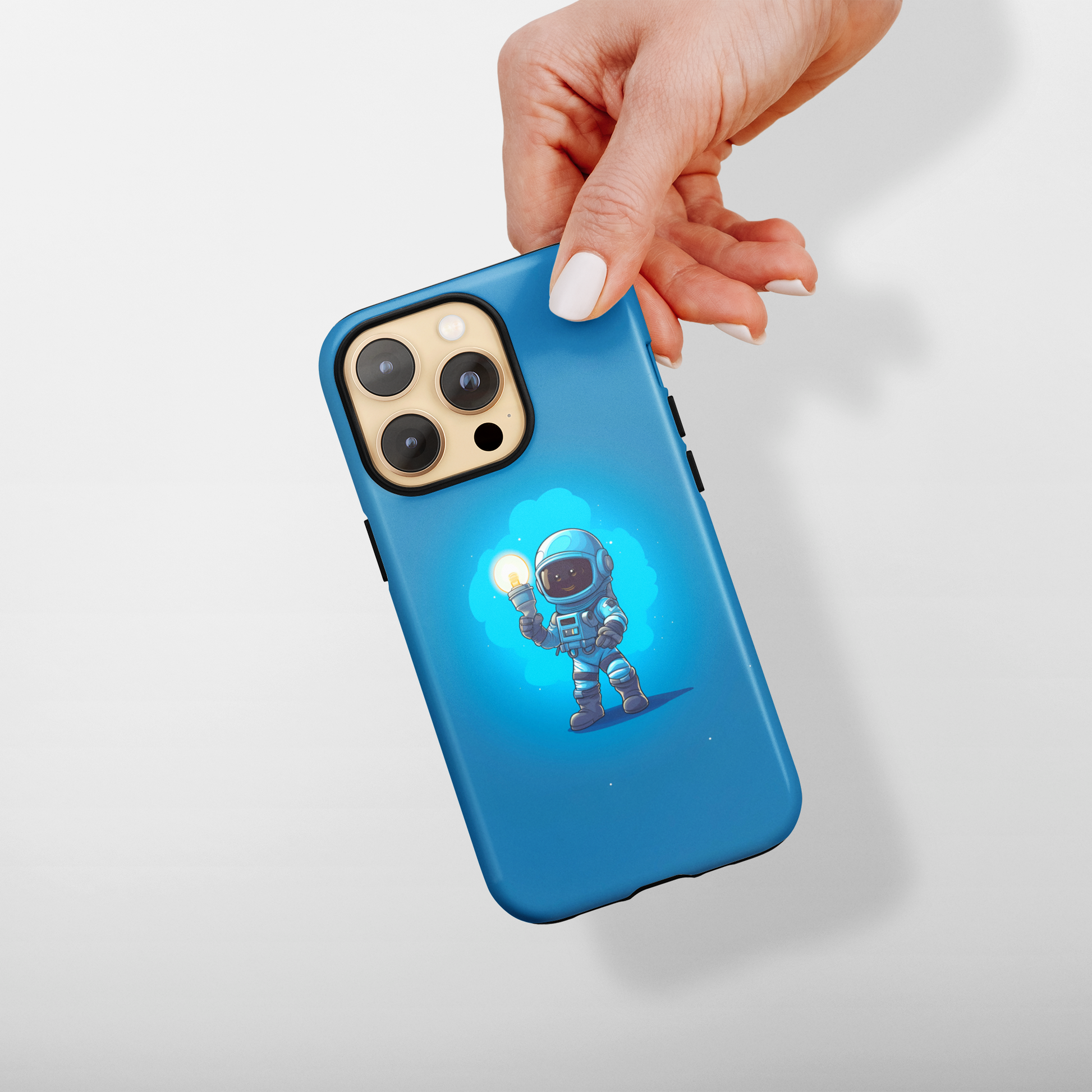 Astronaut Glow (iPhone Case 11-15)RIMA Tough Phone Case for iPhone 11, 12, 13, 14, &amp; 15 astronaut holding a light bulb with Glossy Finish 📱✨
 
Ultimate Protection in Stylish Design 🌟:  
 
WelcoRimaGallery