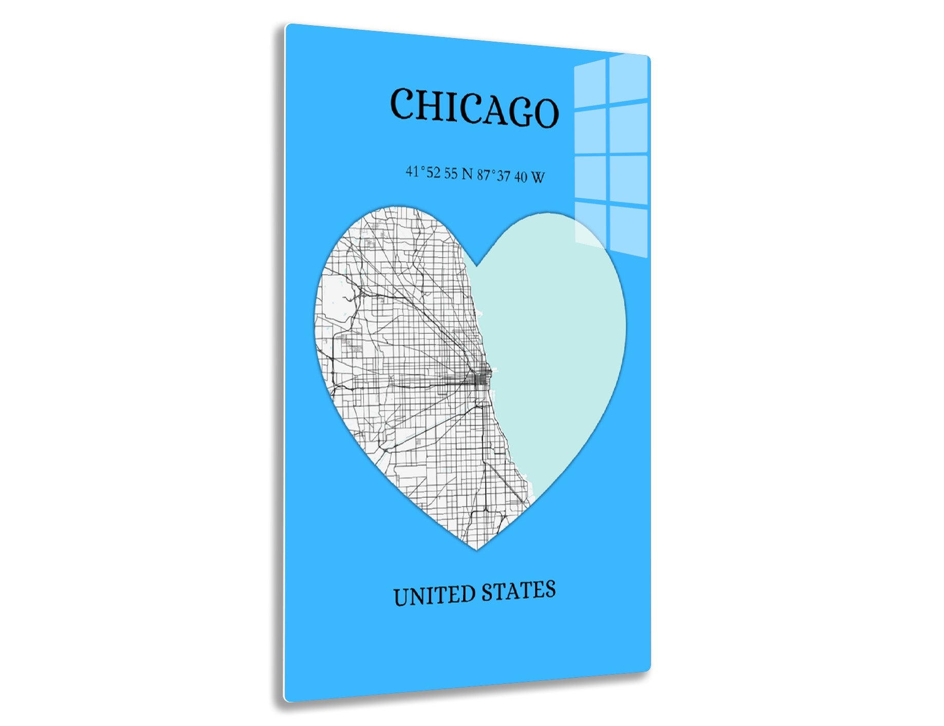 Chicago city map in heart shape with city name, coordinates, and country name on blue background.
