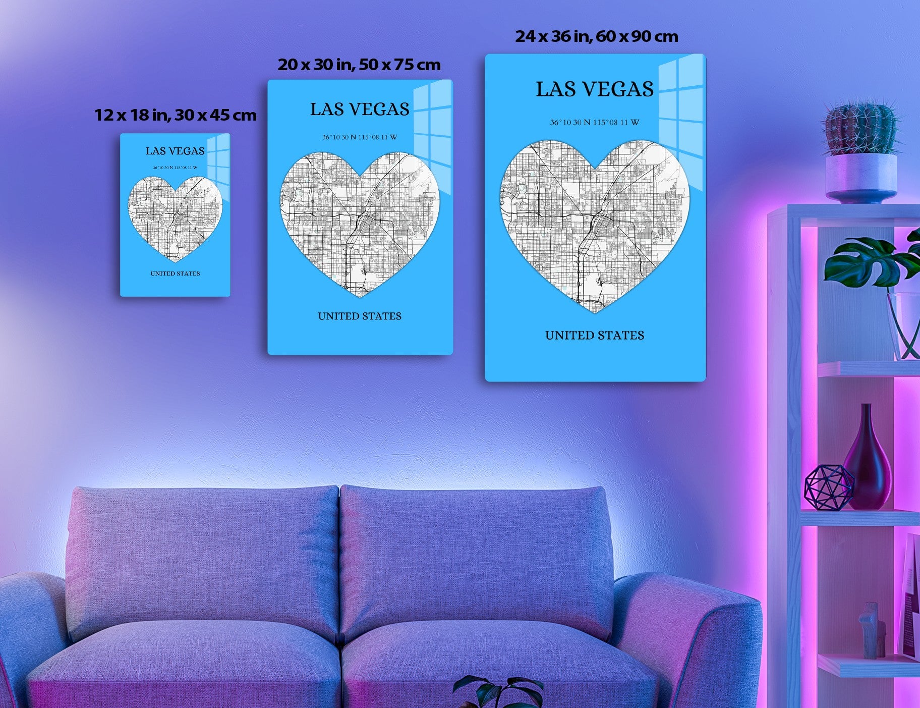 Street map of Las Vegas in the shape of a heart on a blue background, showing major roads and neighborhoods. Geographic coordinates 36°10'30"N 115°08'11"W are provided below the city name.
