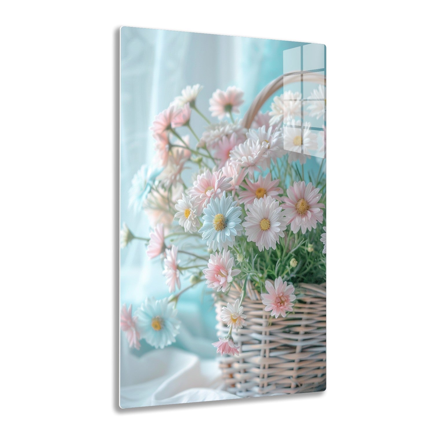 A basket filled with delicate pink, white and blue daisies creating a lovely pastel floral arrangement against a soft blue background.
