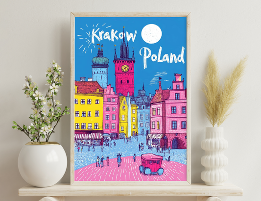 Colorful illustration of Krakow's old town market square, featuring historical buildings, the prominent town hall tower, and crowds of people strolling and enjoying the vibrant scene under a full moon sky.
