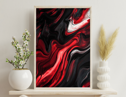 Alt text: A striking abstract pattern of swirling red, black, and white textures resembling fluid or molten elements, creating a dynamic and fiery composition.
