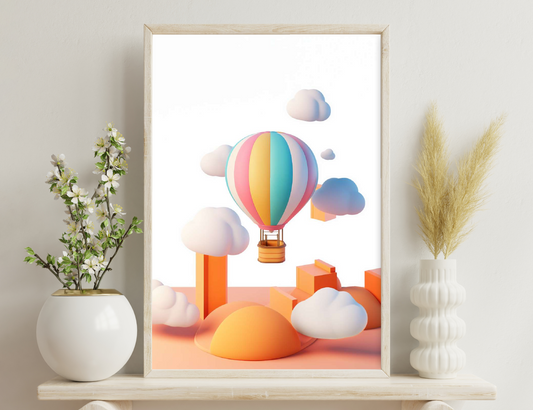 A colorful hot air balloon with a striped design floats among fluffy white clouds in a whimsical desert landscape rendered in a minimalist, geometric style.
