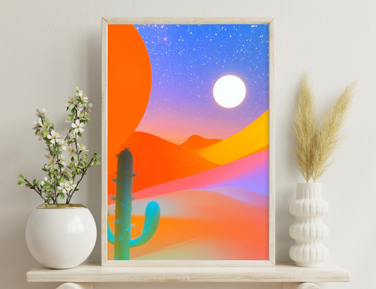 Desert landscape at sunset with cactus silhouettes, colorful sky with full moon and stars
