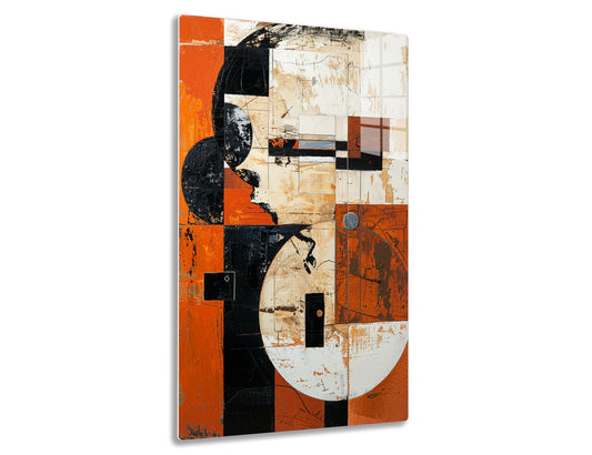 Abstract geometric composition in black, white, orange and earth tones, with shapes like arcs, rectangles and splatters suggesting deconstruction and textures.
