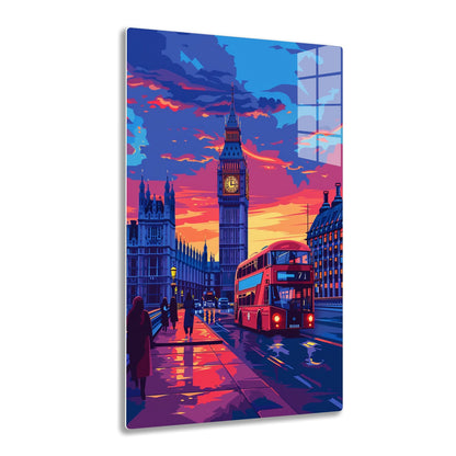 A vibrant cityscape of London during sunset, featuring the iconic Big Ben clock tower, a traditional red double-decker bus, pedestrians on the street, and the reflection of the colorful sky in puddles.
