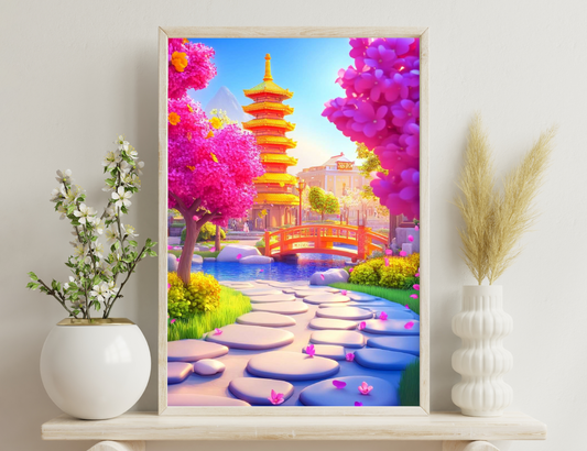 A vibrant landscape with a towering red pagoda, pink cherry blossom trees, an arched bridge over a pond with lily pads, and colorful flowers in a serene Asian-inspired garden setting.
