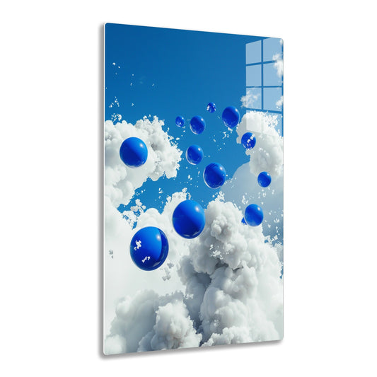 Blue bubbles float among white fluffy clouds against a bright blue sky, creating a dreamlike, whimsical scene.
