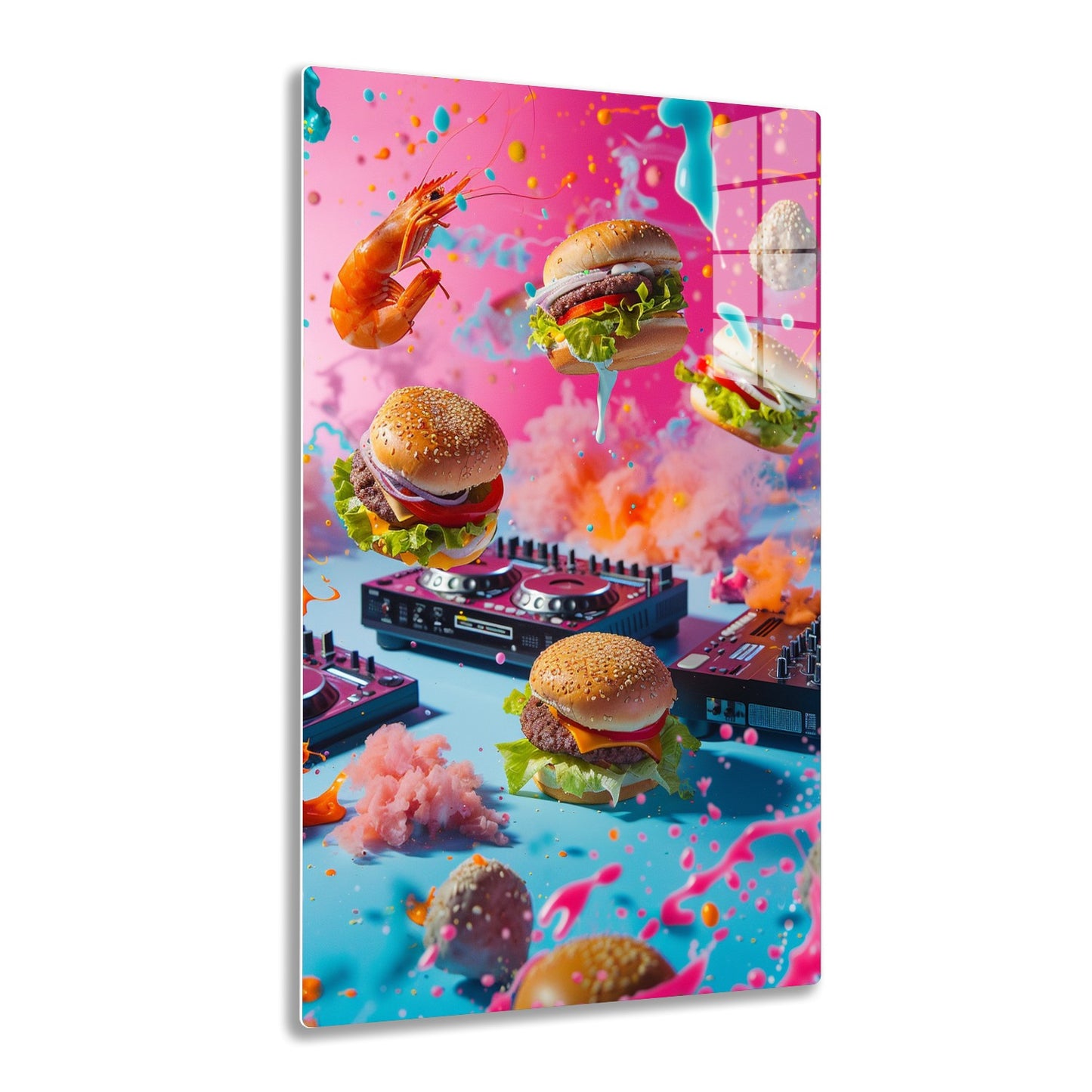 A whimsical scene depicting hamburgers and a shrimp floating amid colorful splatters and a DJ setup, creating a surreal contrast between fast food and music elements.
